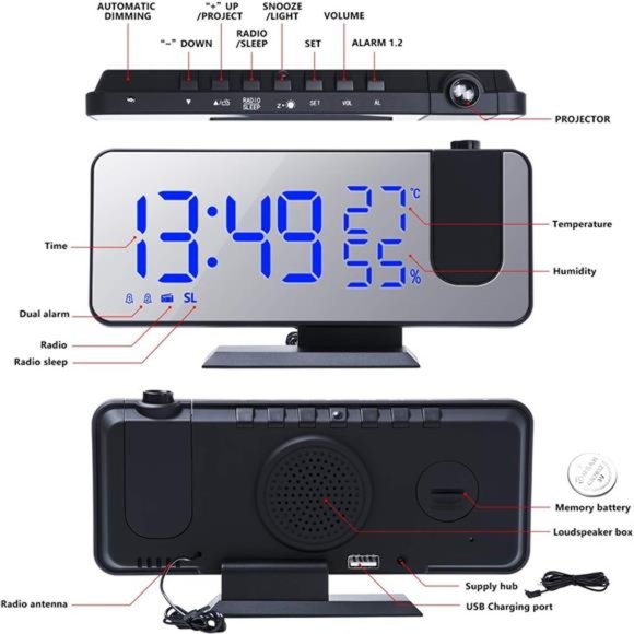 Projection Digital Alarm Clock for Bedrooms,FMRadio Alarm Clock,7.5'' DualAlarms - Picture 4 of 5